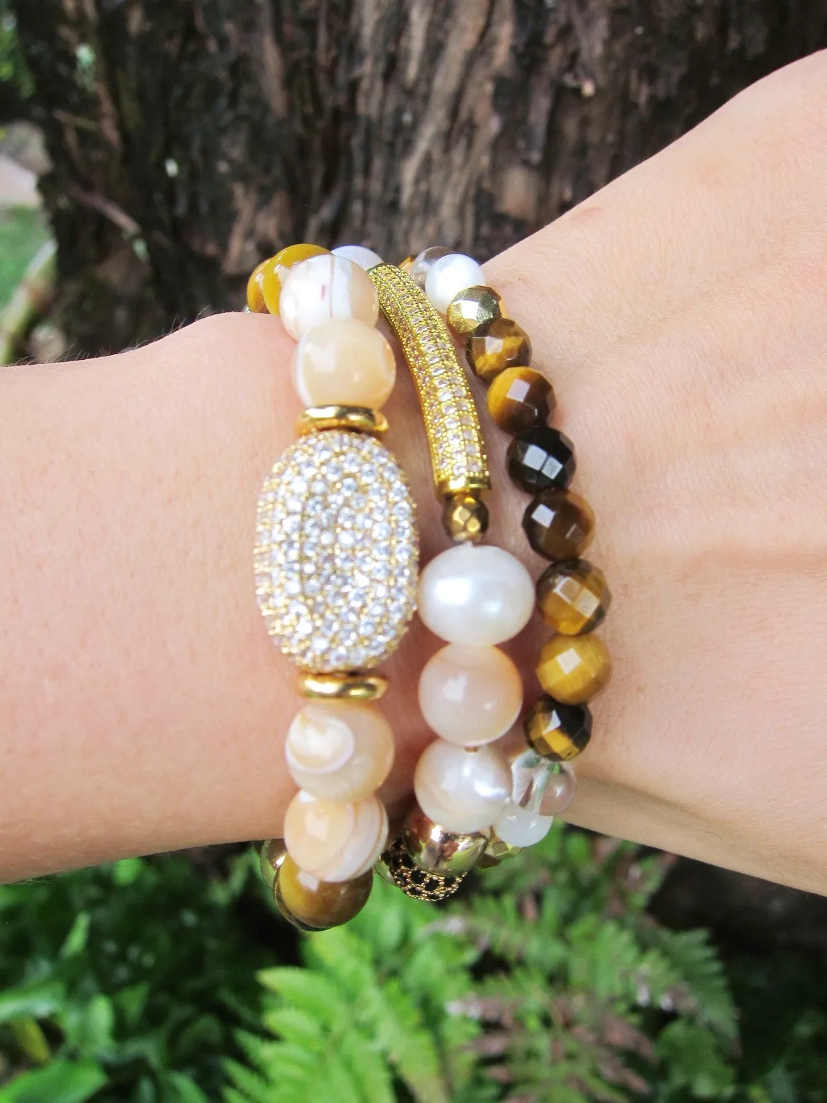 3 piece set - Mother of Pearl, Cat's Eye, Tiger Eye Energy Mala Bracelets