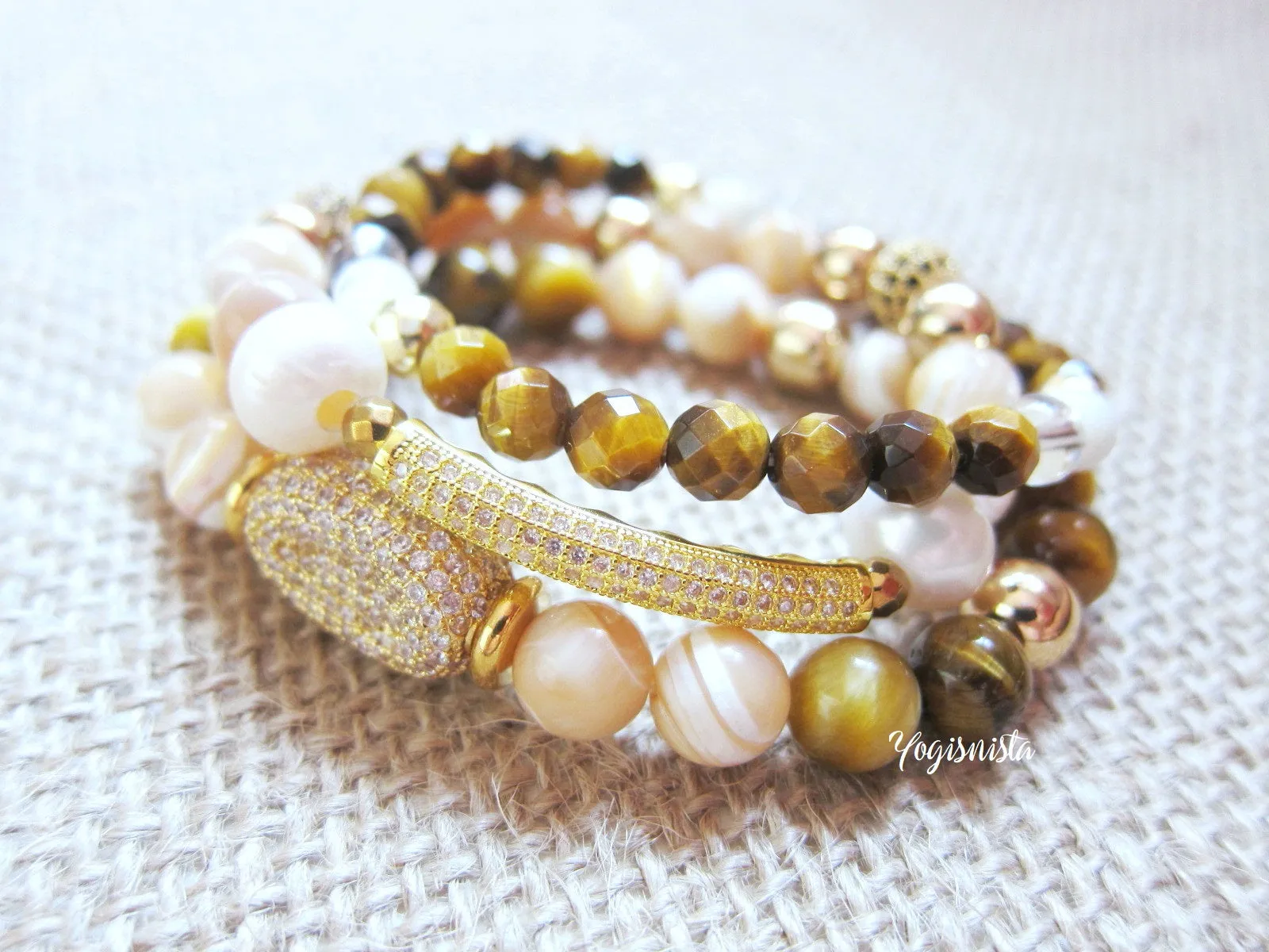 3 piece set - Mother of Pearl, Cat's Eye, Tiger Eye Energy Mala Bracelets