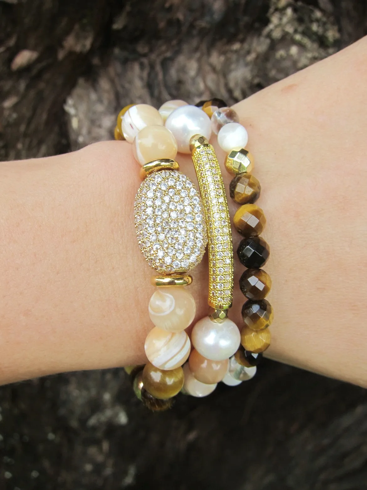 3 piece set - Mother of Pearl, Cat's Eye, Tiger Eye Energy Mala Bracelets