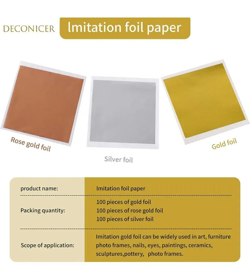 300 Imitaion Gold Leaf Sheets for Resin.3 Multi-Color Gold Foil Sheets (Gold,Silver,Rose Gold) are Suitable for Art,Crafts,Resin,Painting. (3 Colour Gold Silver Copper Each Colour 100 Sheets)