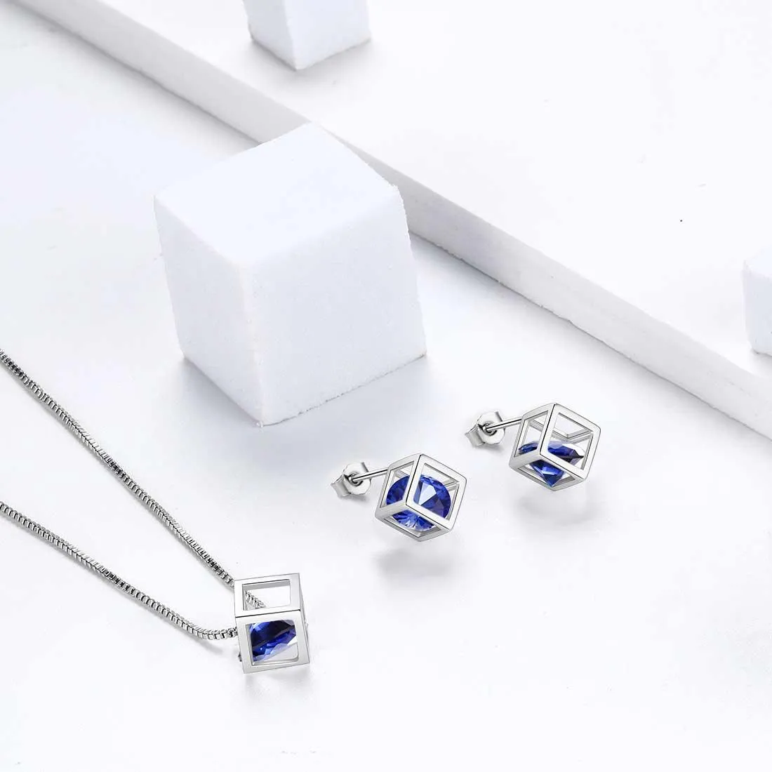 3D Cube Birthstone September Sapphire Necklace Pendant Women Girls Jewelry Birthday Gift Sterling Silver