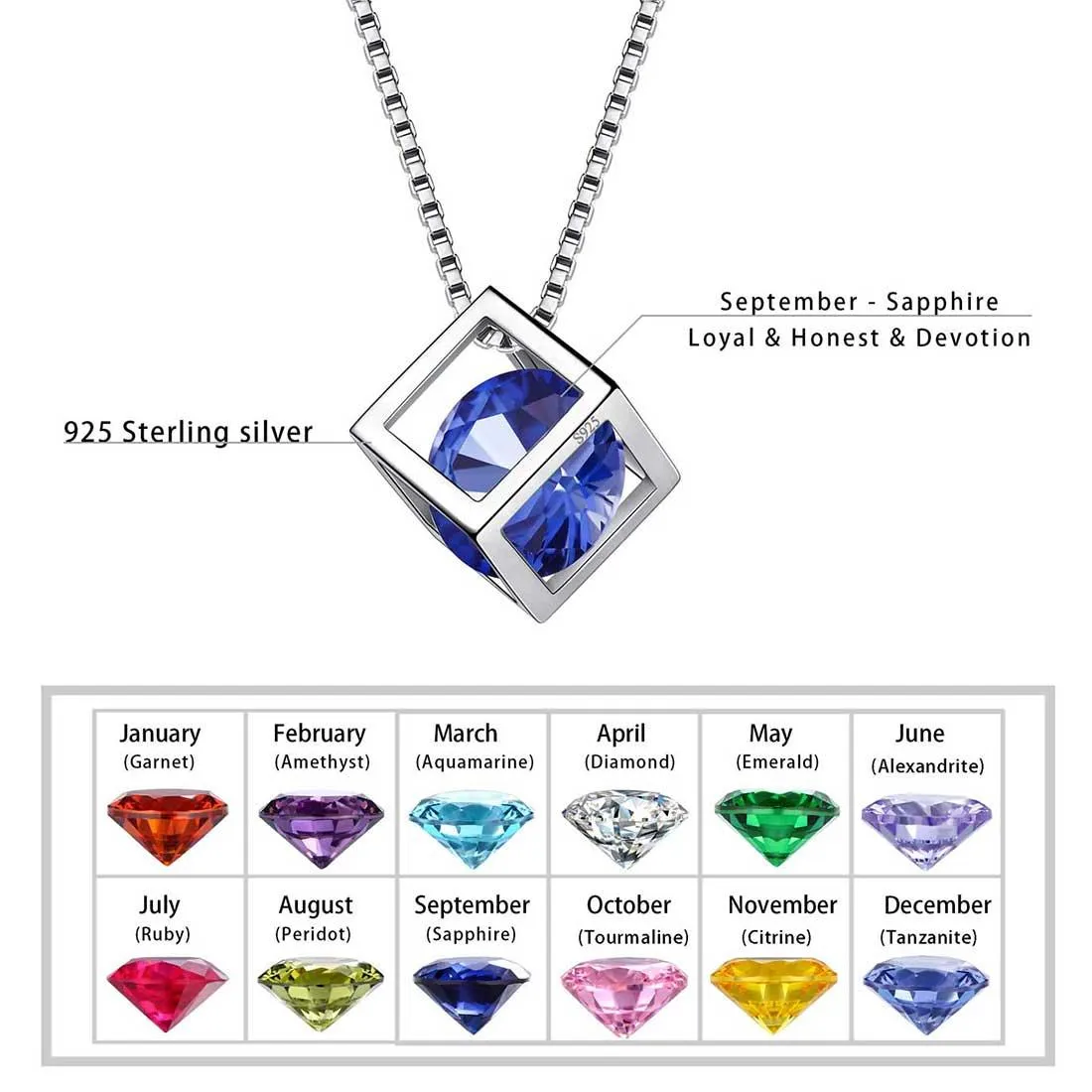 3D Cube Birthstone September Sapphire Necklace Pendant Women Girls Jewelry Birthday Gift Sterling Silver