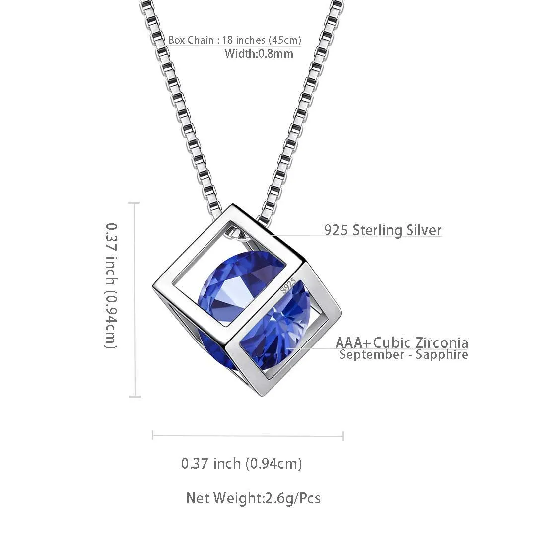 3D Cube Birthstone September Sapphire Necklace Pendant Women Girls Jewelry Birthday Gift Sterling Silver