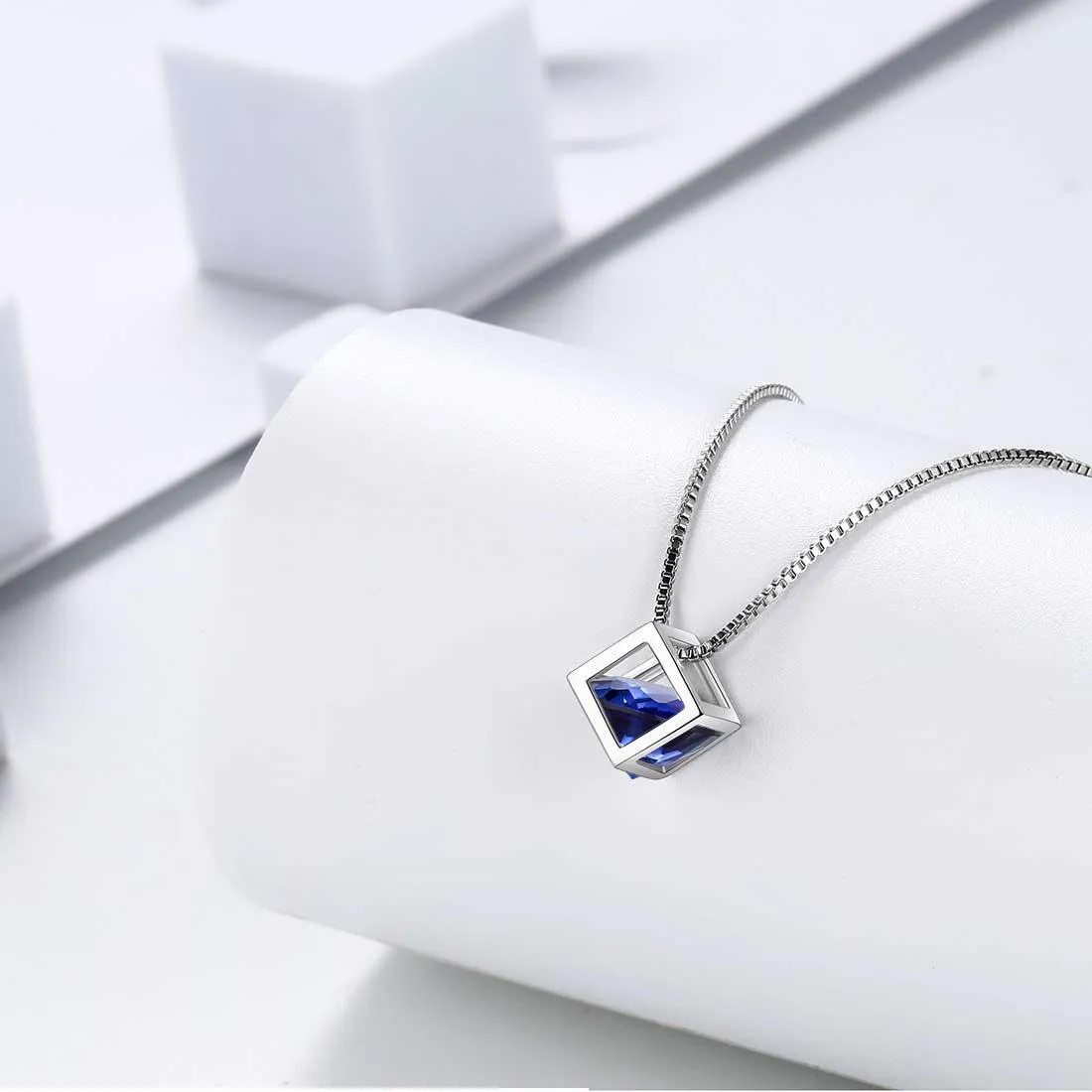 3D Cube Birthstone September Sapphire Necklace Pendant Women Girls Jewelry Birthday Gift Sterling Silver