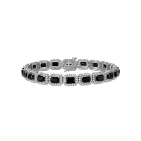 6X4MM Emerald Shape Black Spinel and White Sapphire 7.5-inch Halo Tennis Bracelet in Rhodium Plated Sterling Silver