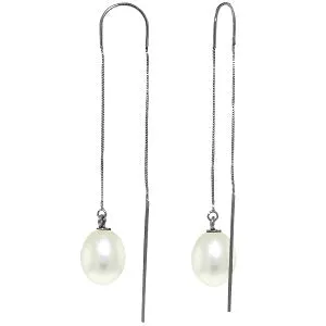 8 Carat 14K Solid White Gold Threaded Dangles Earrings Pearl