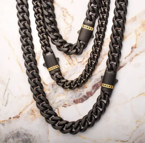 8mm Black Steel Miami Cuban Chain with Genuine Black Sapphire, 24"