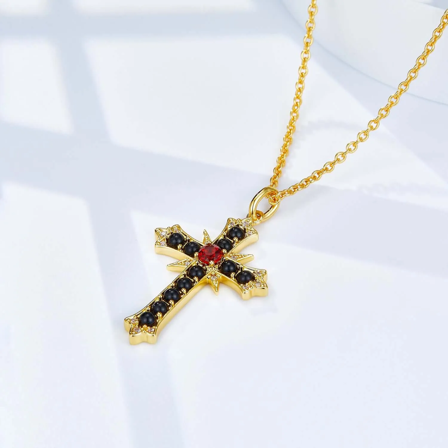 925 Silver Natural Garnet Black Onyx Cross Necklace