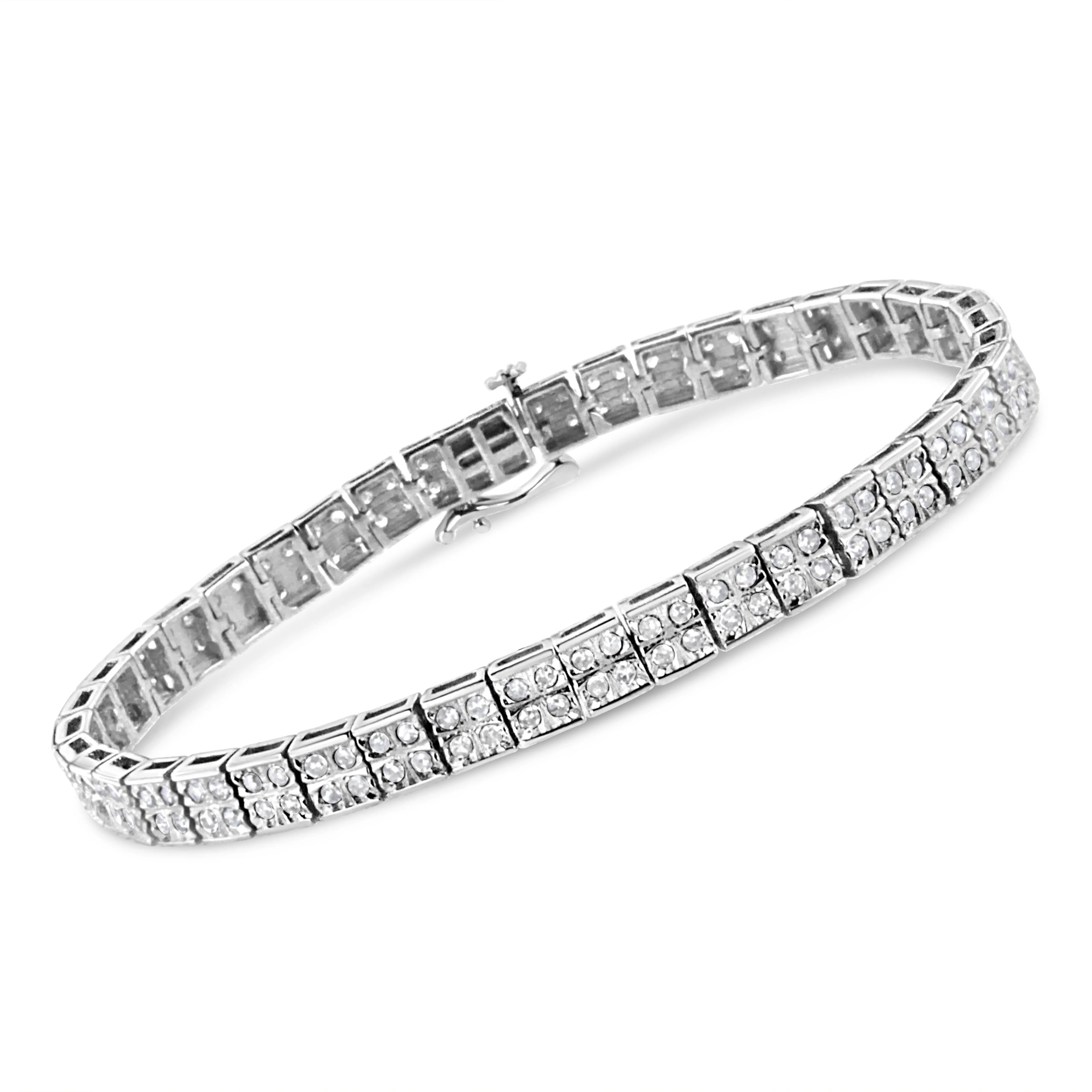 .925 Sterling Silver 2 Cttw Prong Set Round-Cut Diamond 4 Stone Box Link Bracelet