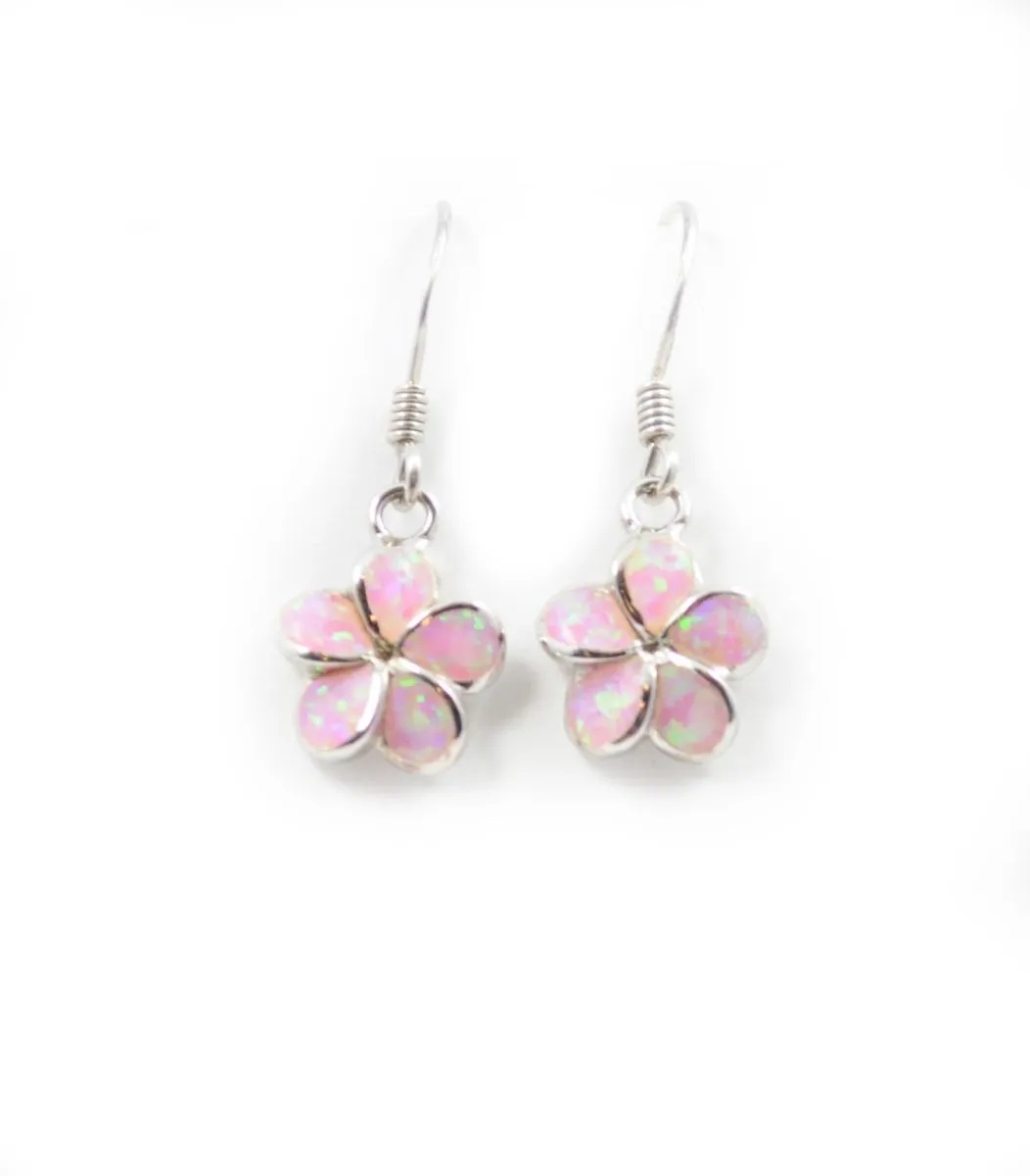 925 Sterling Silver Hawaiian Princess Plumeria Earrings. 8mm to 15mm Plumeria Blue, White or Pink Opal Flower Dangling Earrings for Women