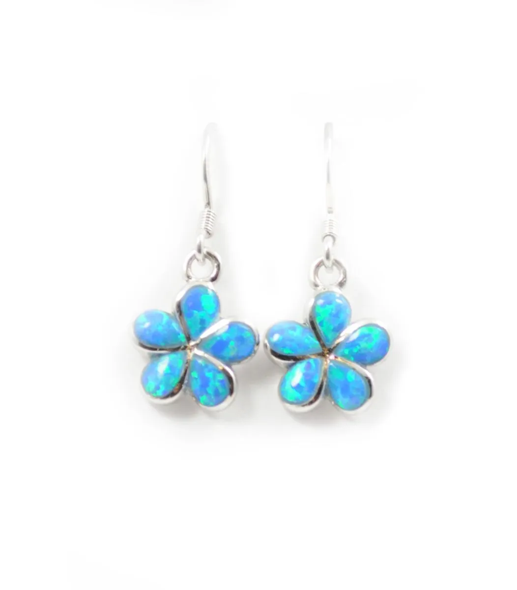 925 Sterling Silver Hawaiian Princess Plumeria Earrings. 8mm to 15mm Plumeria Blue, White or Pink Opal Flower Dangling Earrings for Women