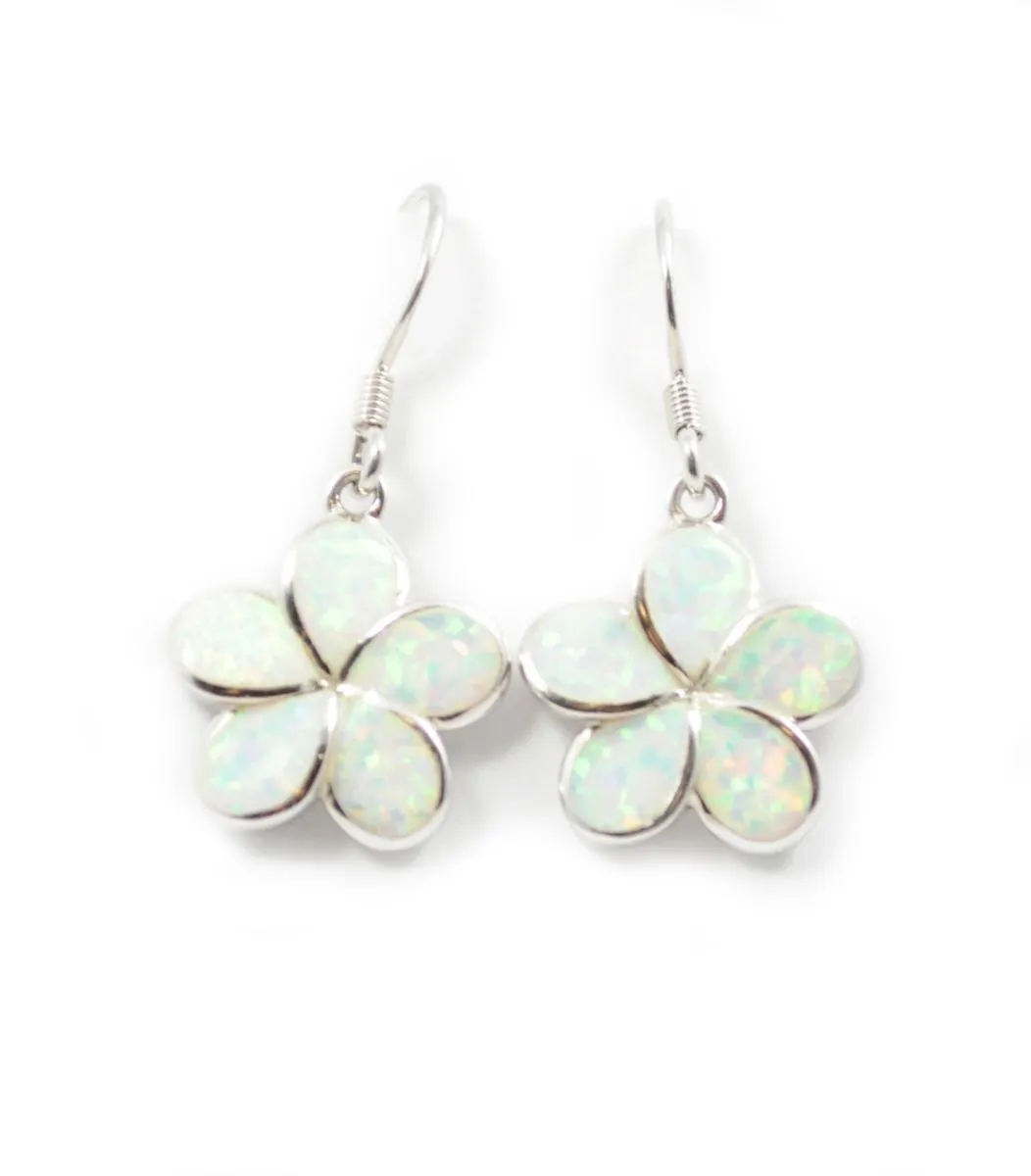 925 Sterling Silver Hawaiian Princess Plumeria Earrings. 8mm to 15mm Plumeria Blue, White or Pink Opal Flower Dangling Earrings for Women