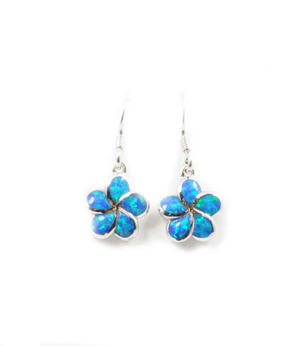 925 Sterling Silver Hawaiian Princess Plumeria Earrings. 8mm to 15mm Plumeria Blue, White or Pink Opal Flower Dangling Earrings for Women