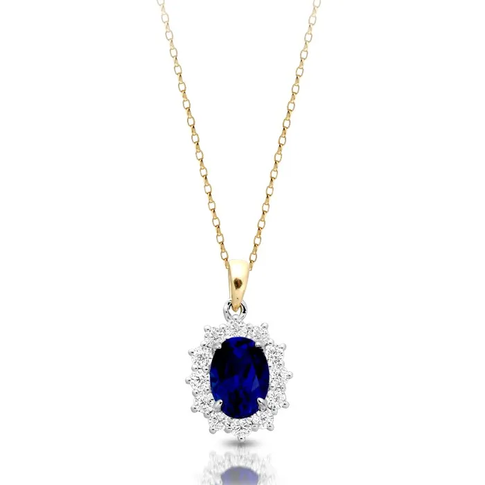 9ct Gold Two Tone Lady Di Style Sapphire And Cz Halo Necklace