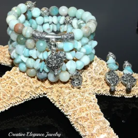 Amazonite Gemstone, Charms Cuff Wrap Bracelet And Earrings Set