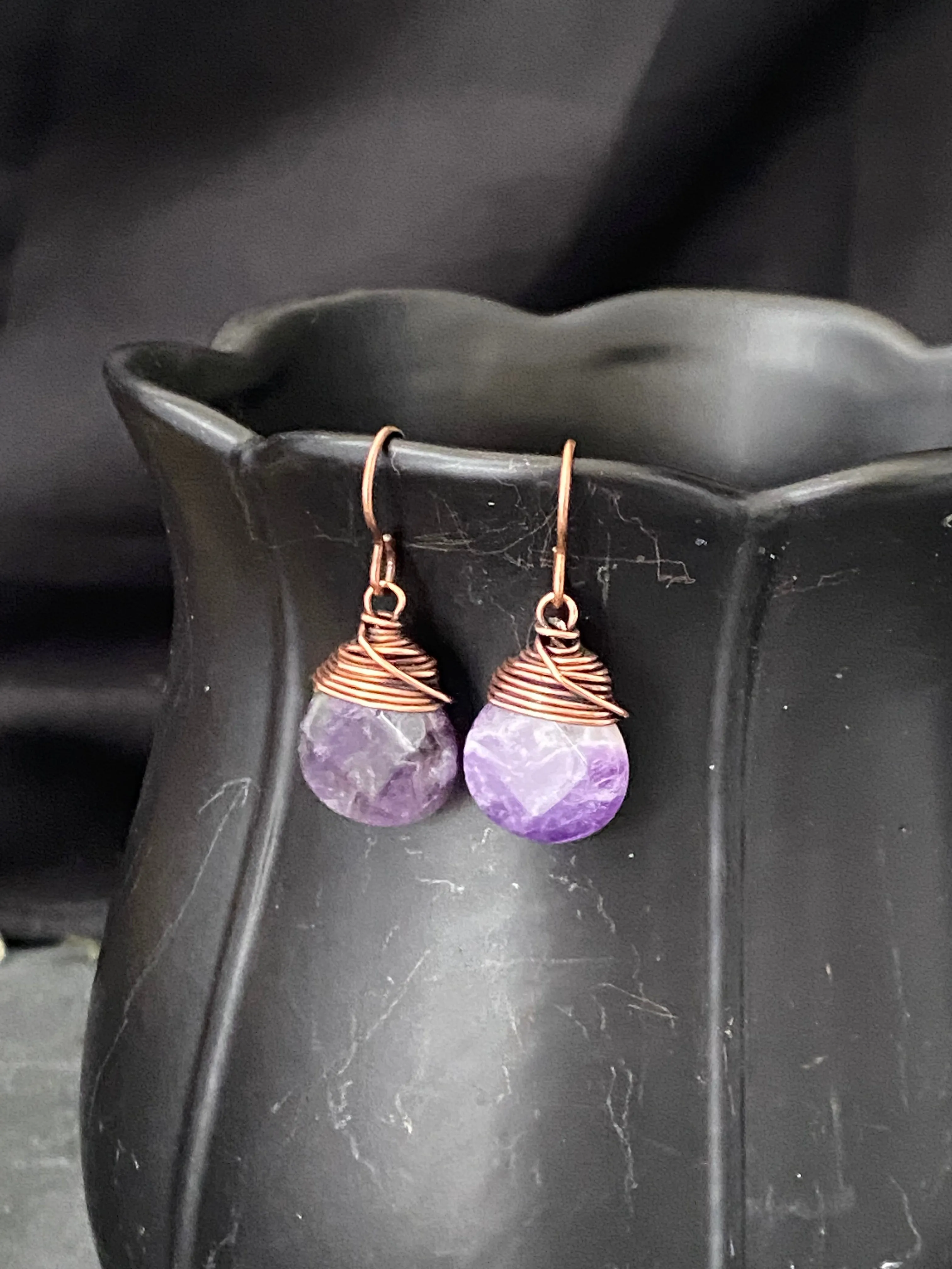 Amethyst gemstone drops, copper metal earrings, jewelry.