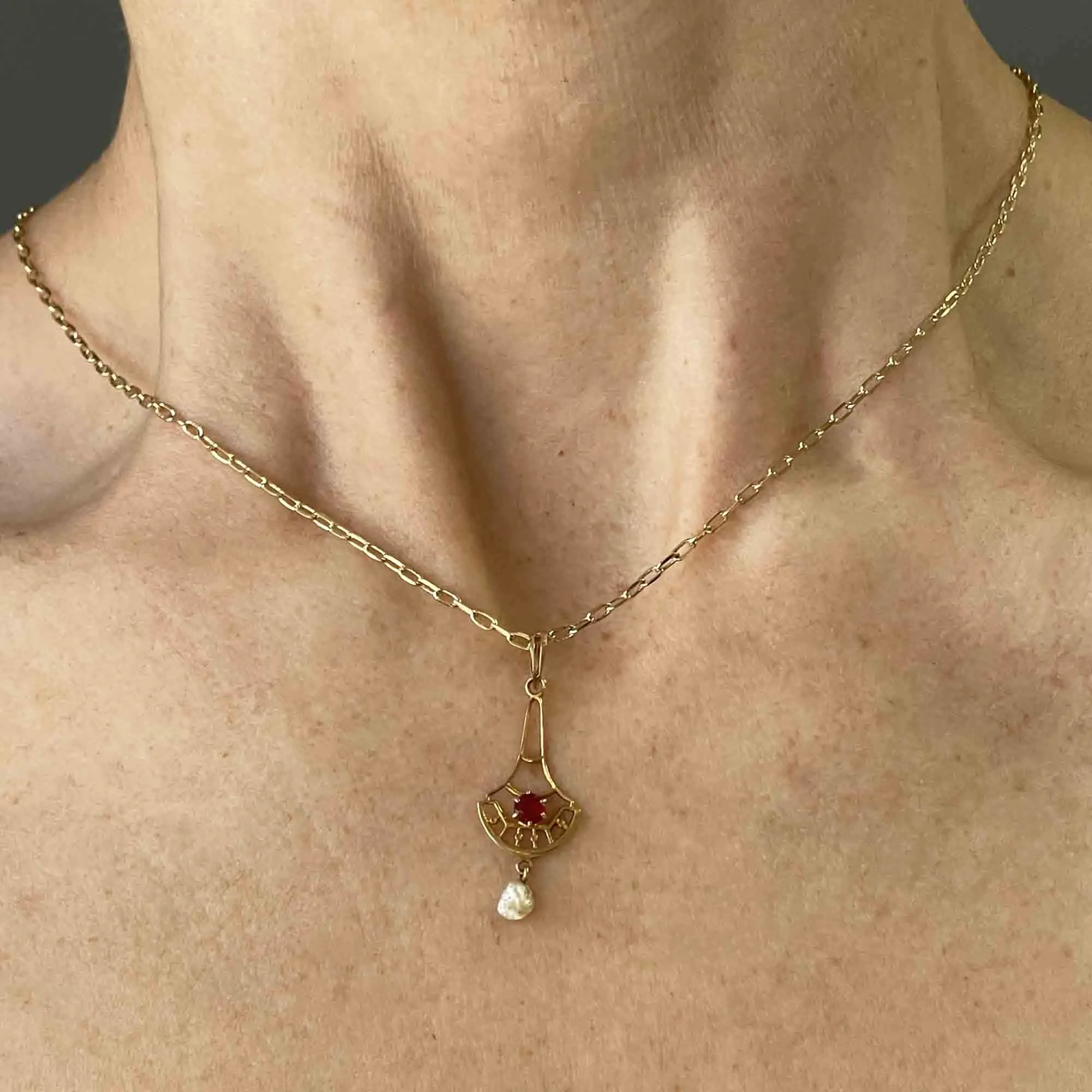 Antique 10K Gold Garnet Seed Pearl Lavalier Pendant Necklace