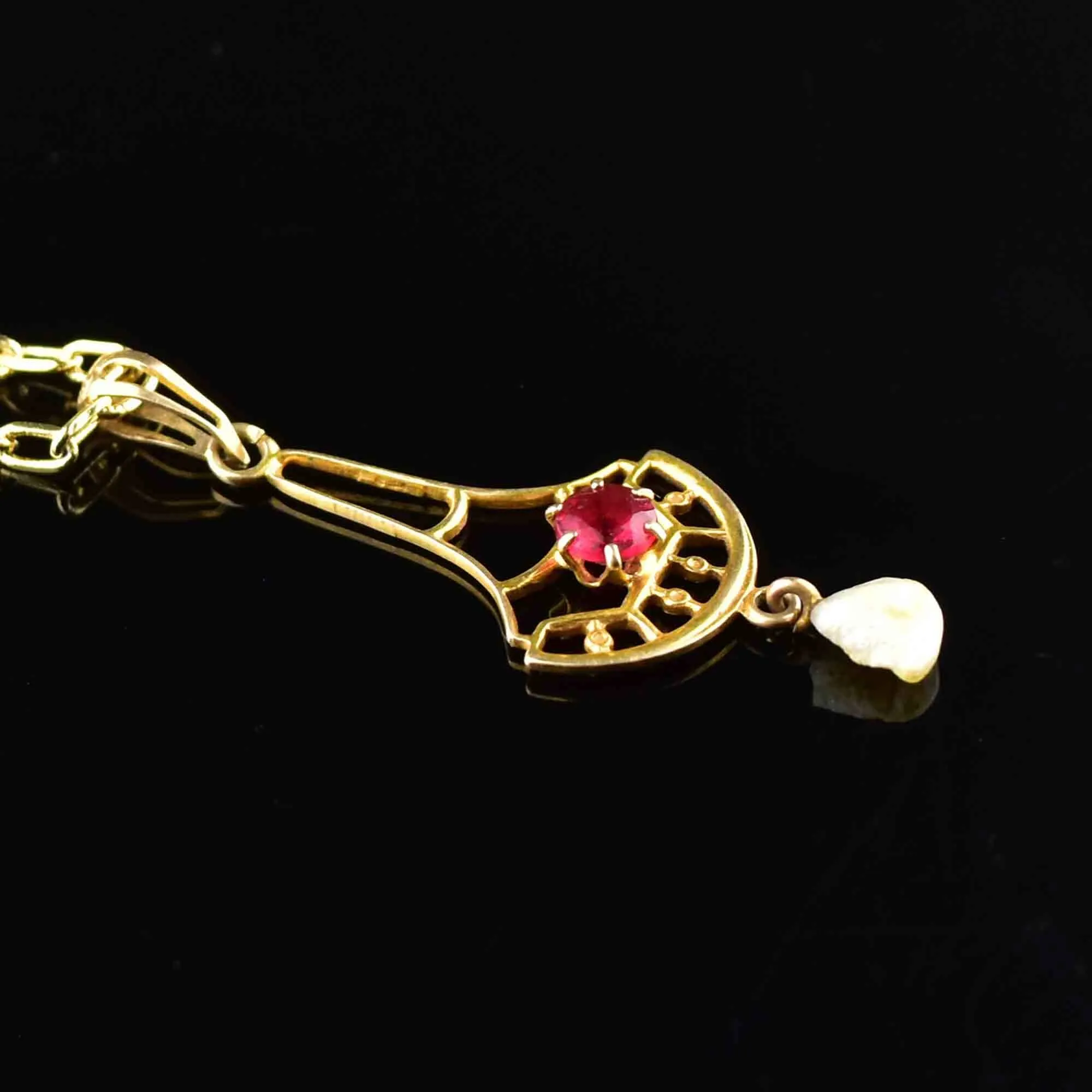 Antique 10K Gold Garnet Seed Pearl Lavalier Pendant Necklace