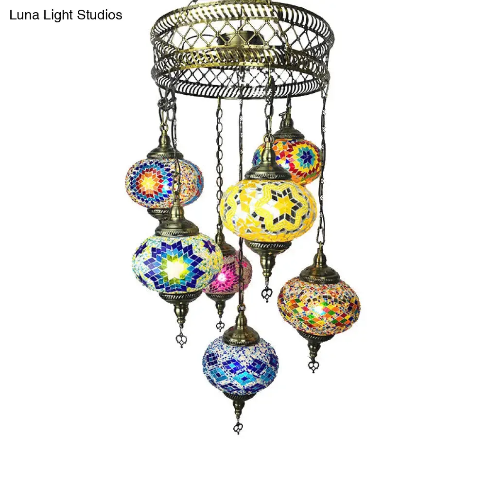 Antique Bronze 7-Head Chandelier with Colorful Glass Shades - Elegant Living Room Lighting Fixture