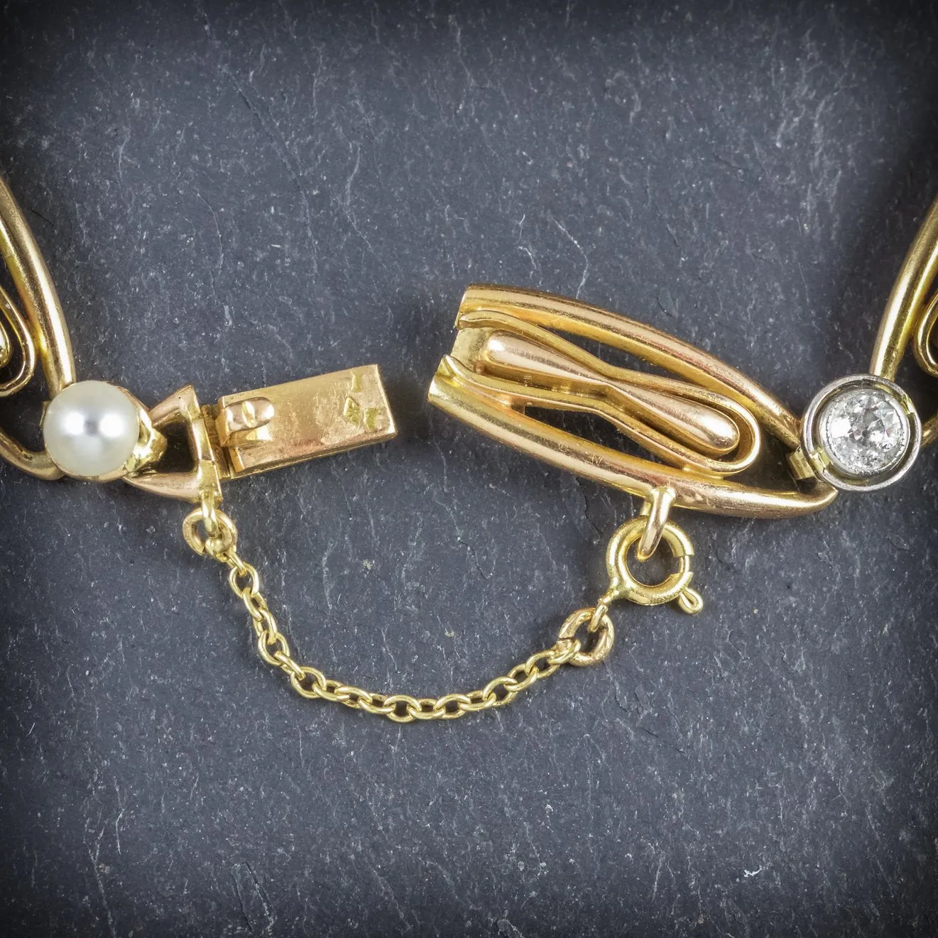 Antique Edwardian French Diamond Pearl Bracelet 18ct Gold