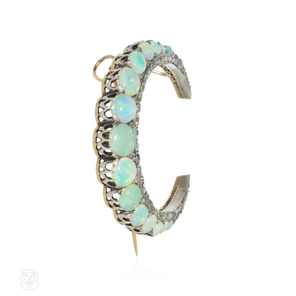 Antique French diamond and opal crescent brooch