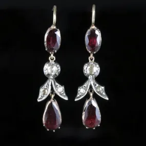 Antique Georgian Garnet Diamond Earrings Long Flat Cut Garnet 18Ct Gold