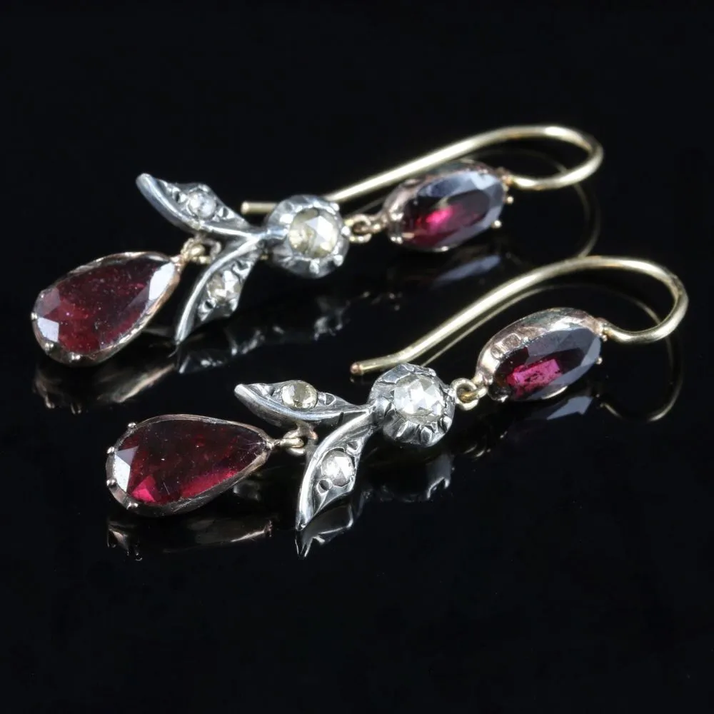 Antique Georgian Garnet Diamond Earrings Long Flat Cut Garnet 18Ct Gold