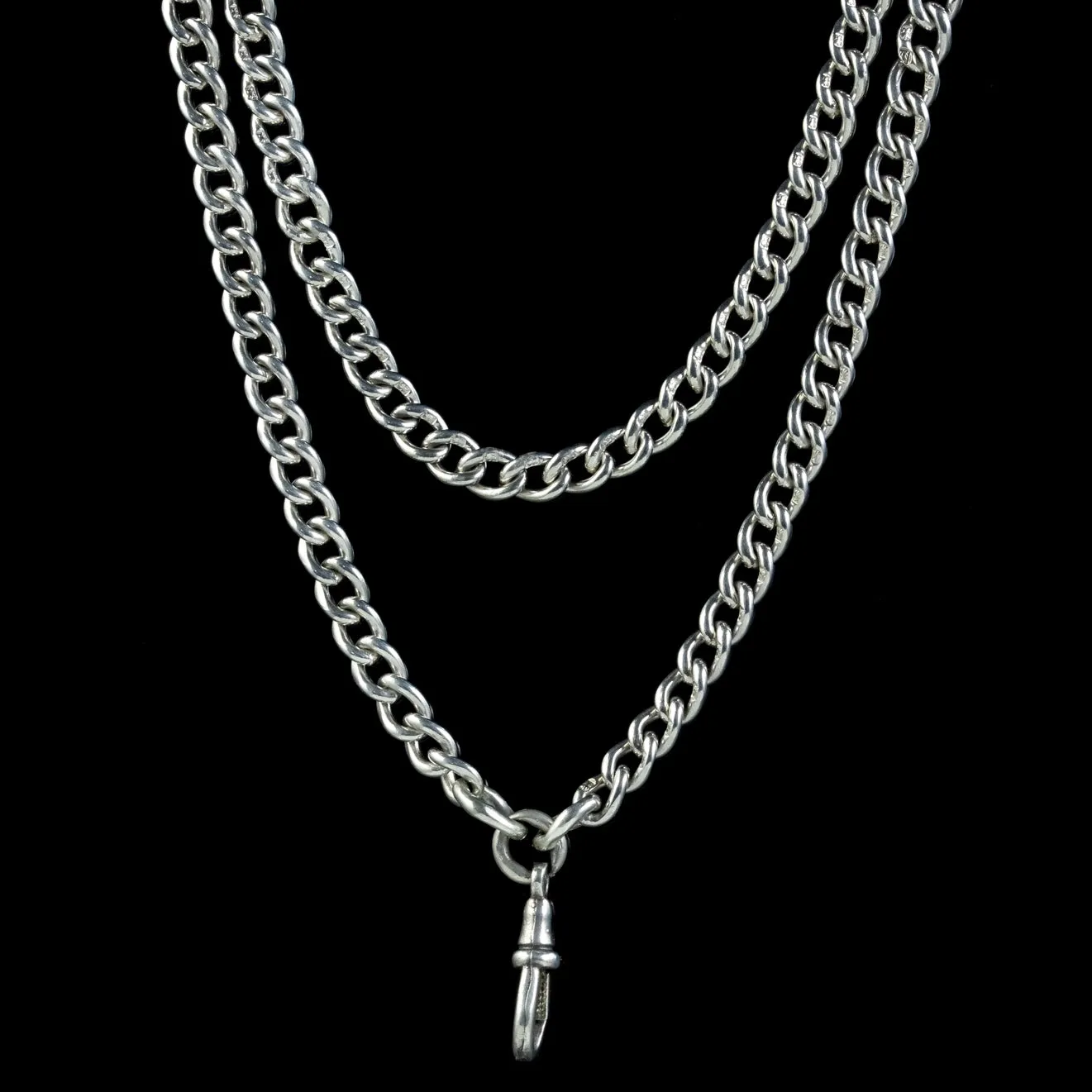 Antique Victorian Long Curb Guard Chain Sterling Silver Circa 1900