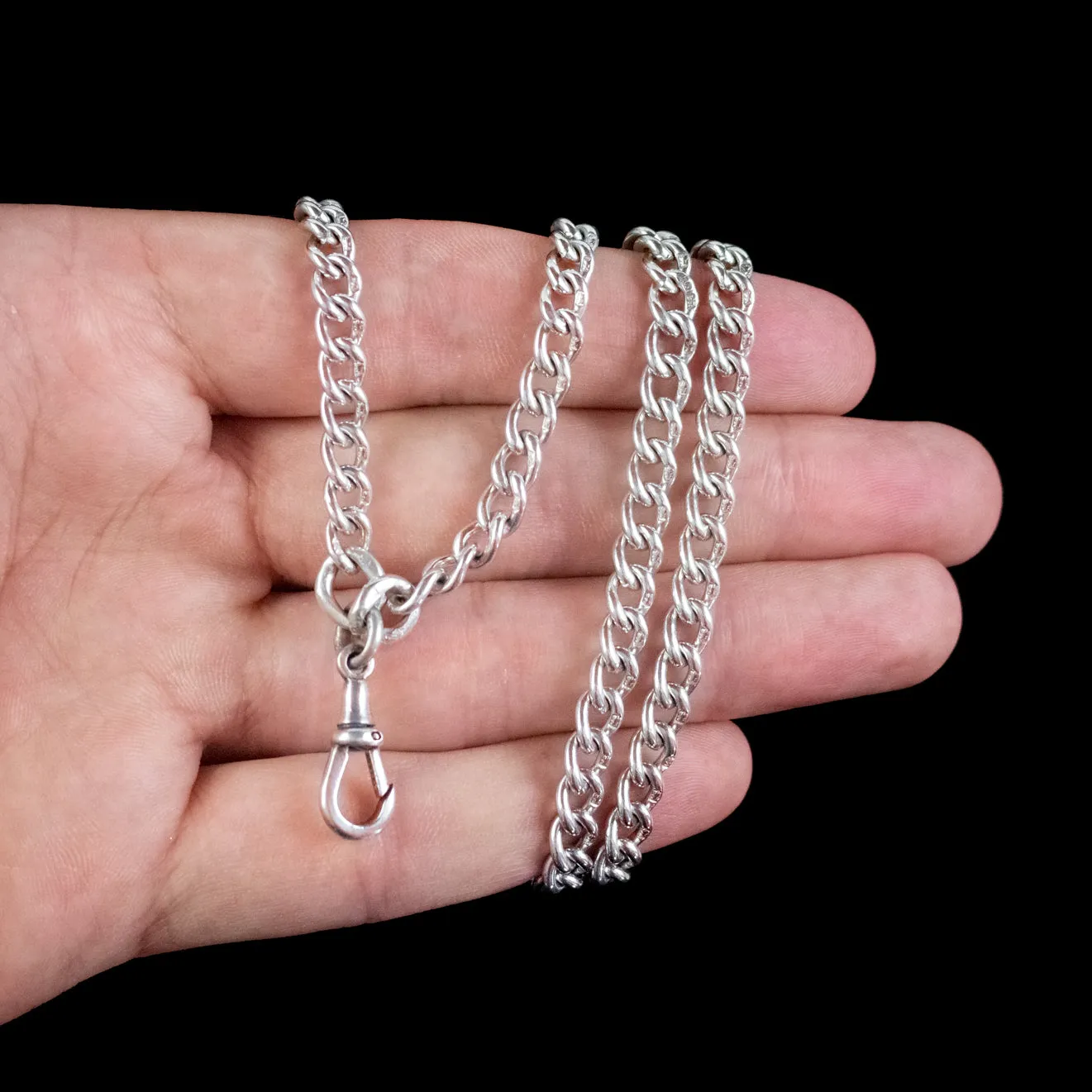 Antique Victorian Long Curb Guard Chain Sterling Silver Circa 1900