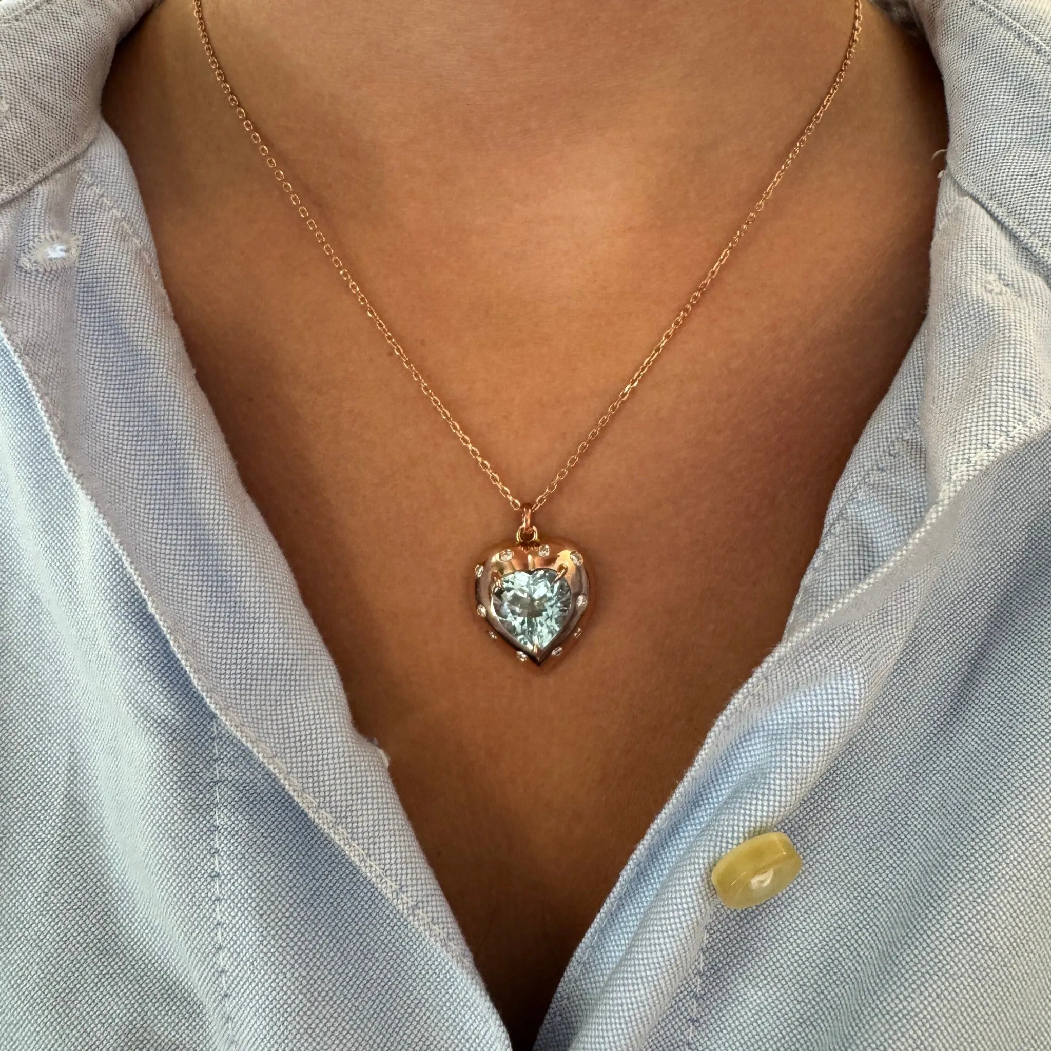 Aquamarine & Diamond 18K Rose Gold Heart Pendant Necklace