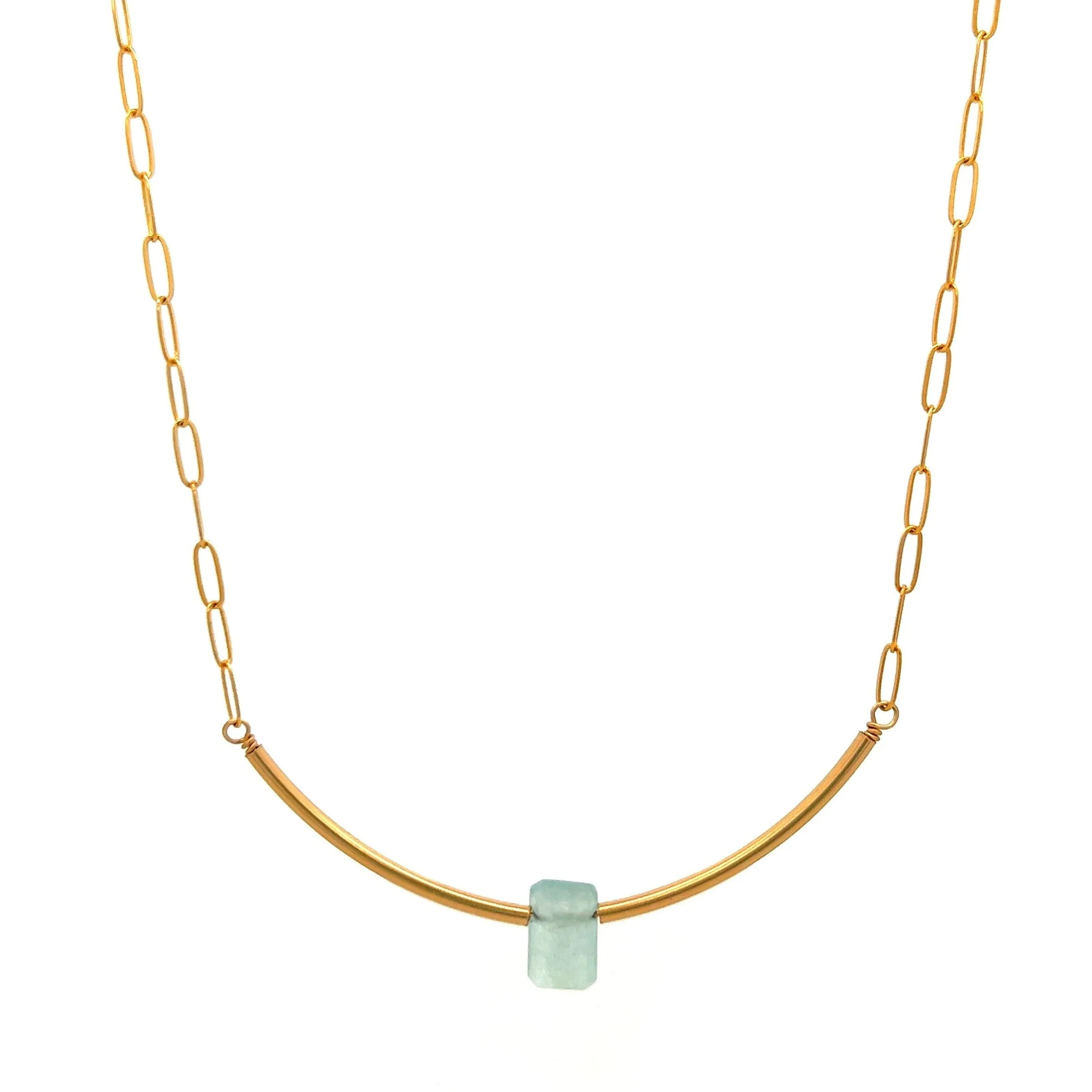 aquamarine baguette gold bar & paperclip chain necklace