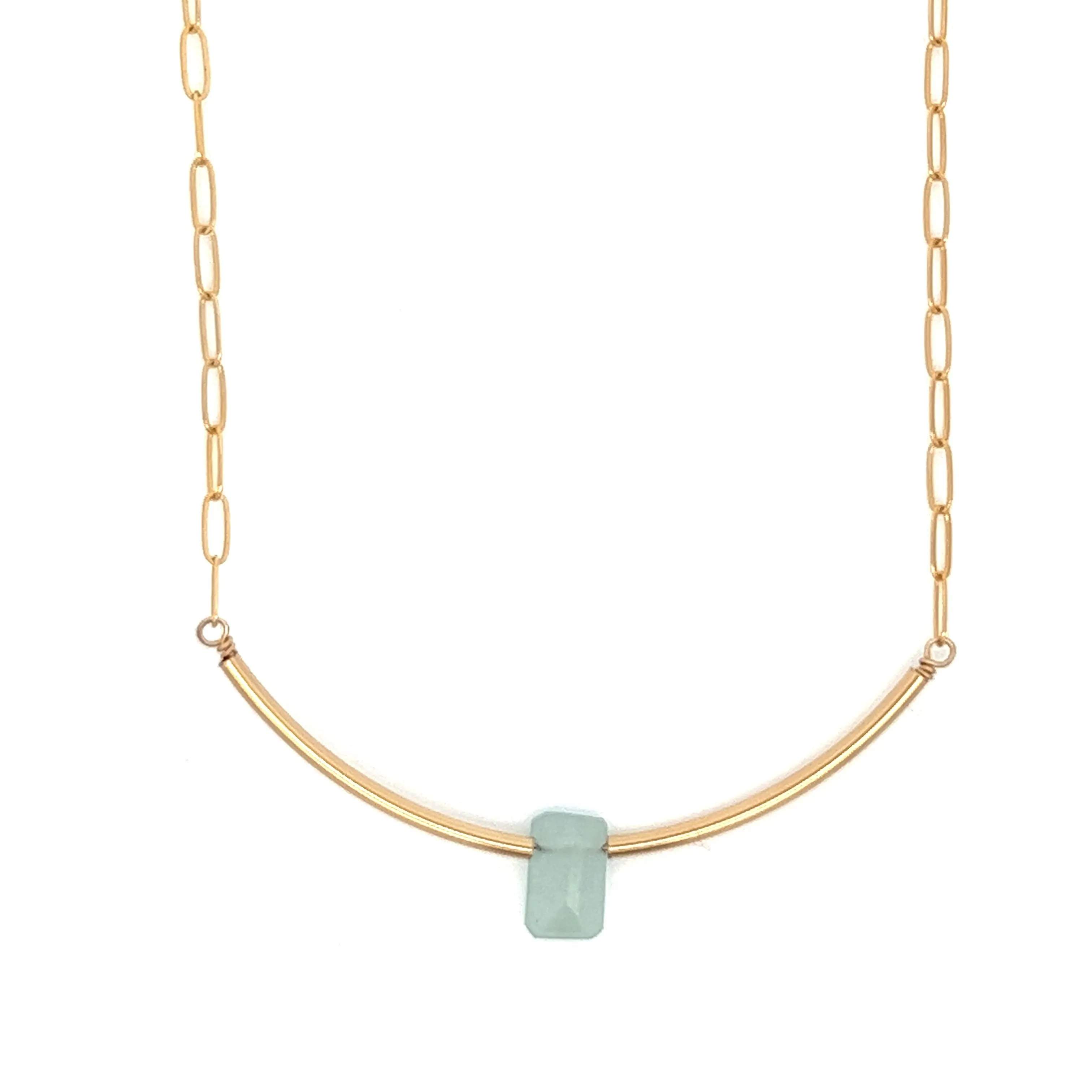 aquamarine baguette gold bar & paperclip chain necklace