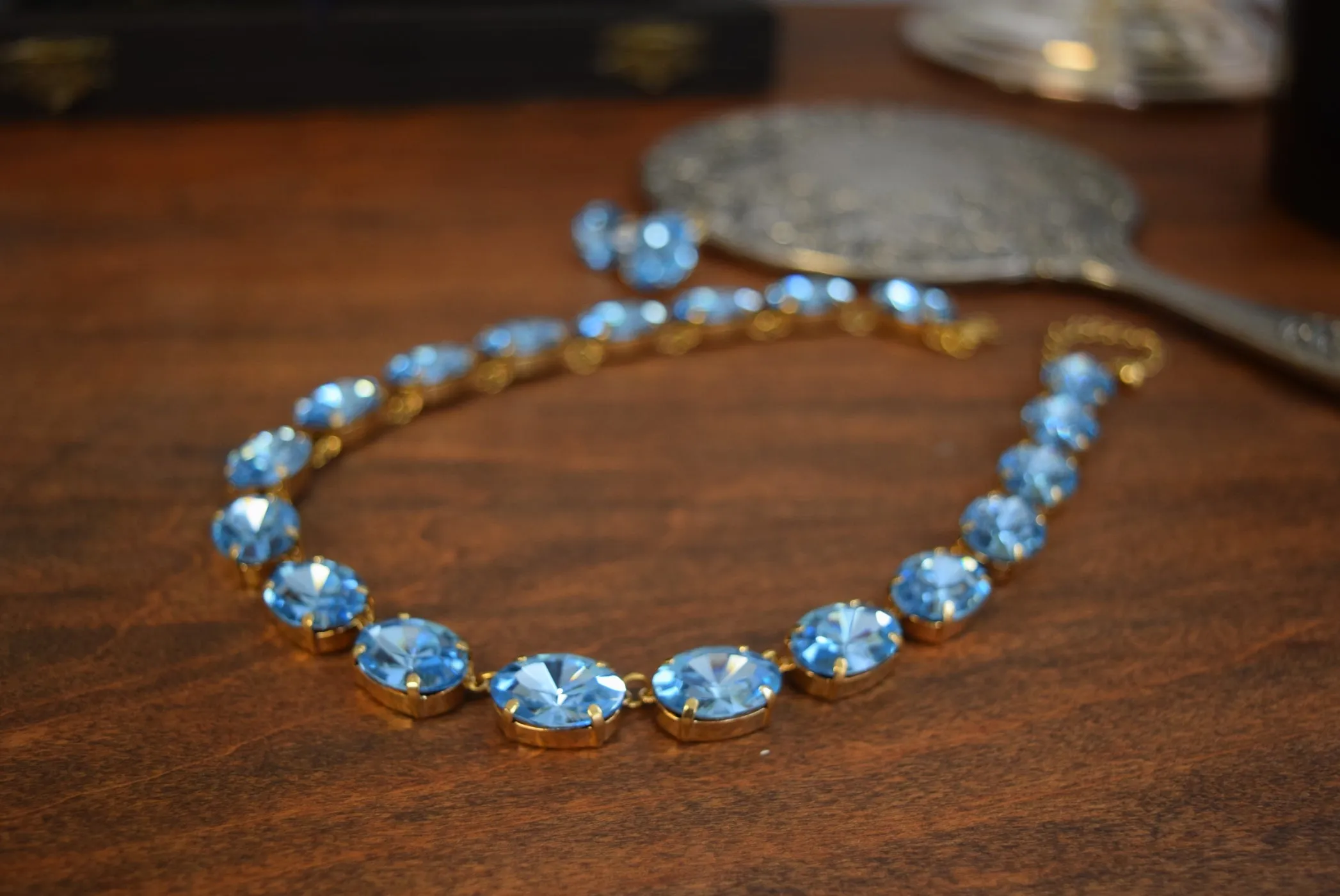 Aquamarine Blue Swarovski Crystal Collet Necklace - Large Oval