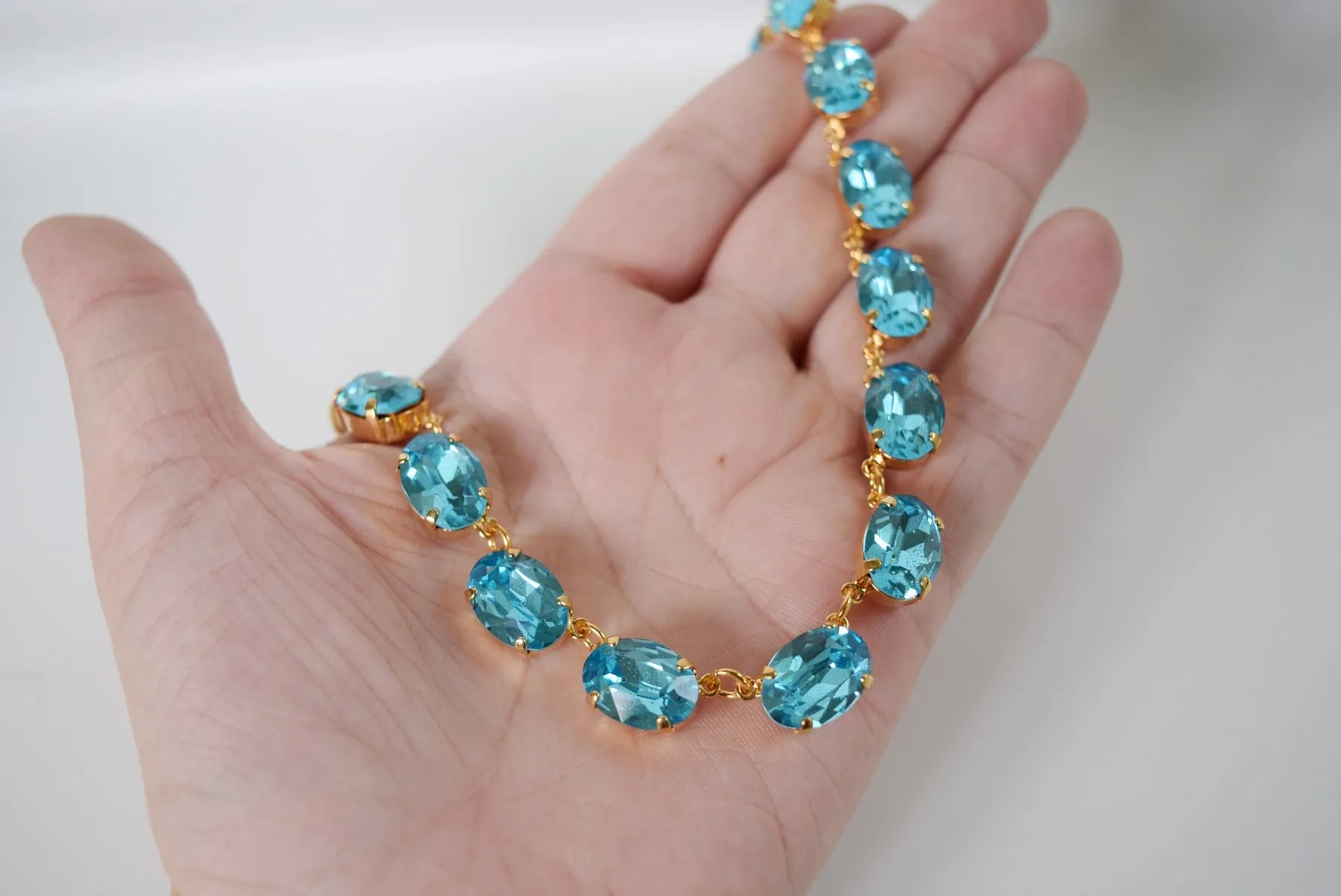 Aquamarine Blue Swarovski Crystal Necklace - Medium Oval