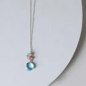 Aquamarine Quartz Silver Raindrop Cluster Necklace