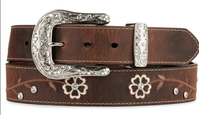 ARIAT Women's  Distressed Brown w/ Embroidered Scrolling Flowers & Crystals Belt