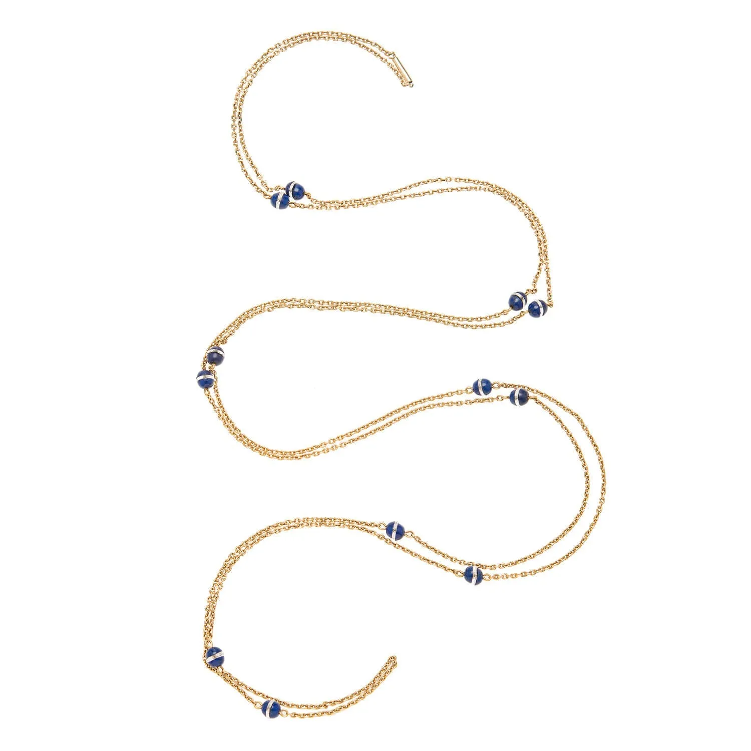 Art Deco 14k Chain Necklace with Lapis & Crystal Beads 61"