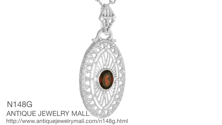 Art Deco Almandite Garnet Filigree Oval Pendant Necklace in Sterling Silver