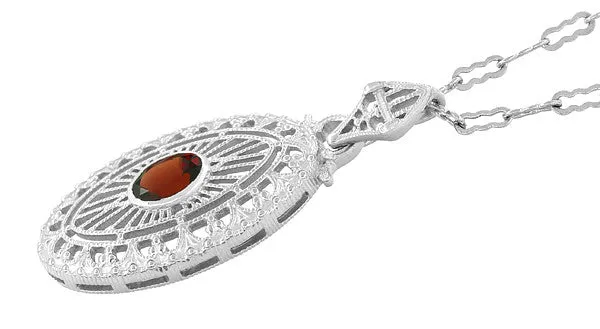 Art Deco Almandite Garnet Filigree Oval Pendant Necklace in Sterling Silver