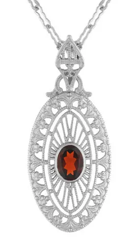 Art Deco Almandite Garnet Filigree Oval Pendant Necklace in Sterling Silver