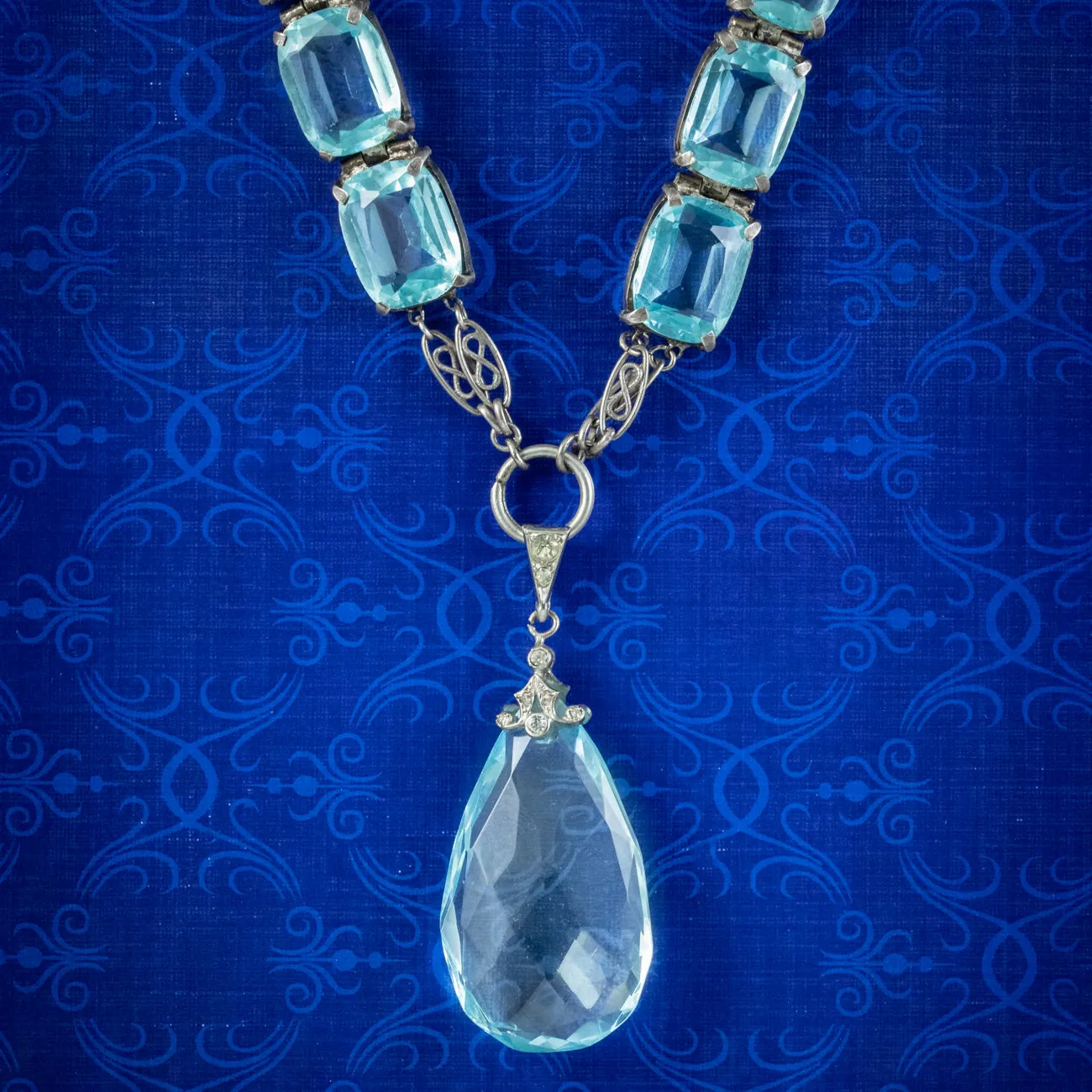 Art Deco Blue Paste Pendant Necklace Silver Circa 1920