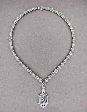 Art Deco Filigree Drop Pendant Necklace Set with Sapphire and Diamonds in 14 Karat White Gold