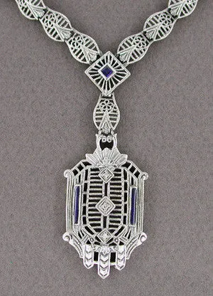 Art Deco Filigree Drop Pendant Necklace Set with Sapphire and Diamonds in 14 Karat White Gold