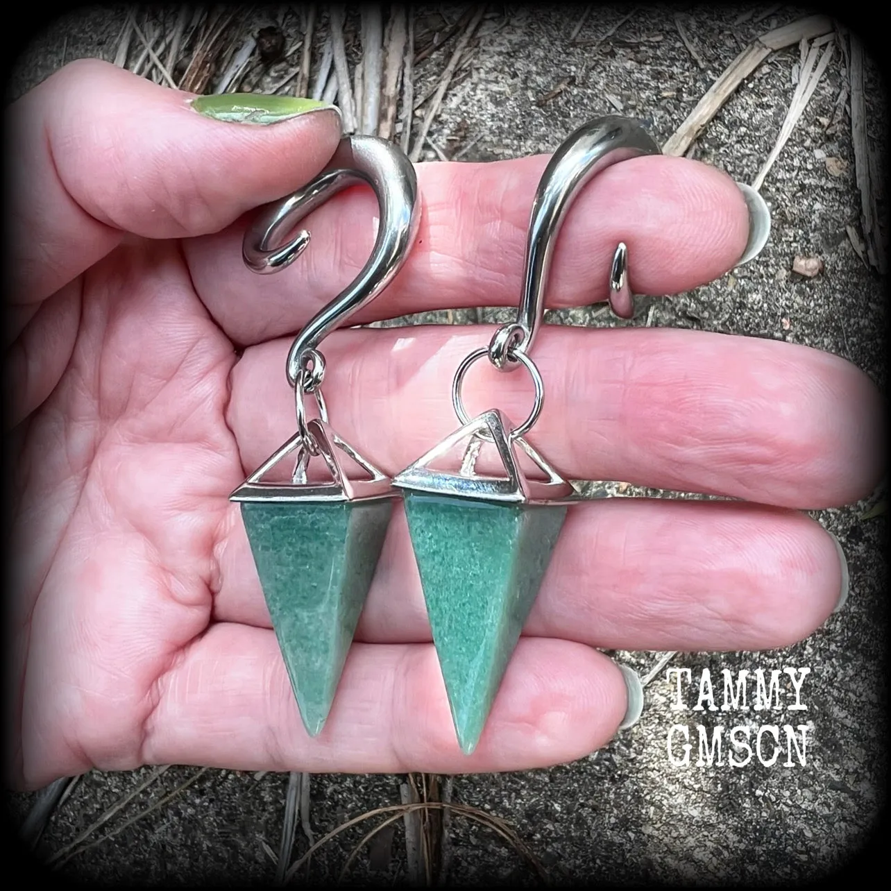 Aventurine gemstone gauged earrings-Gemstone ear hangers