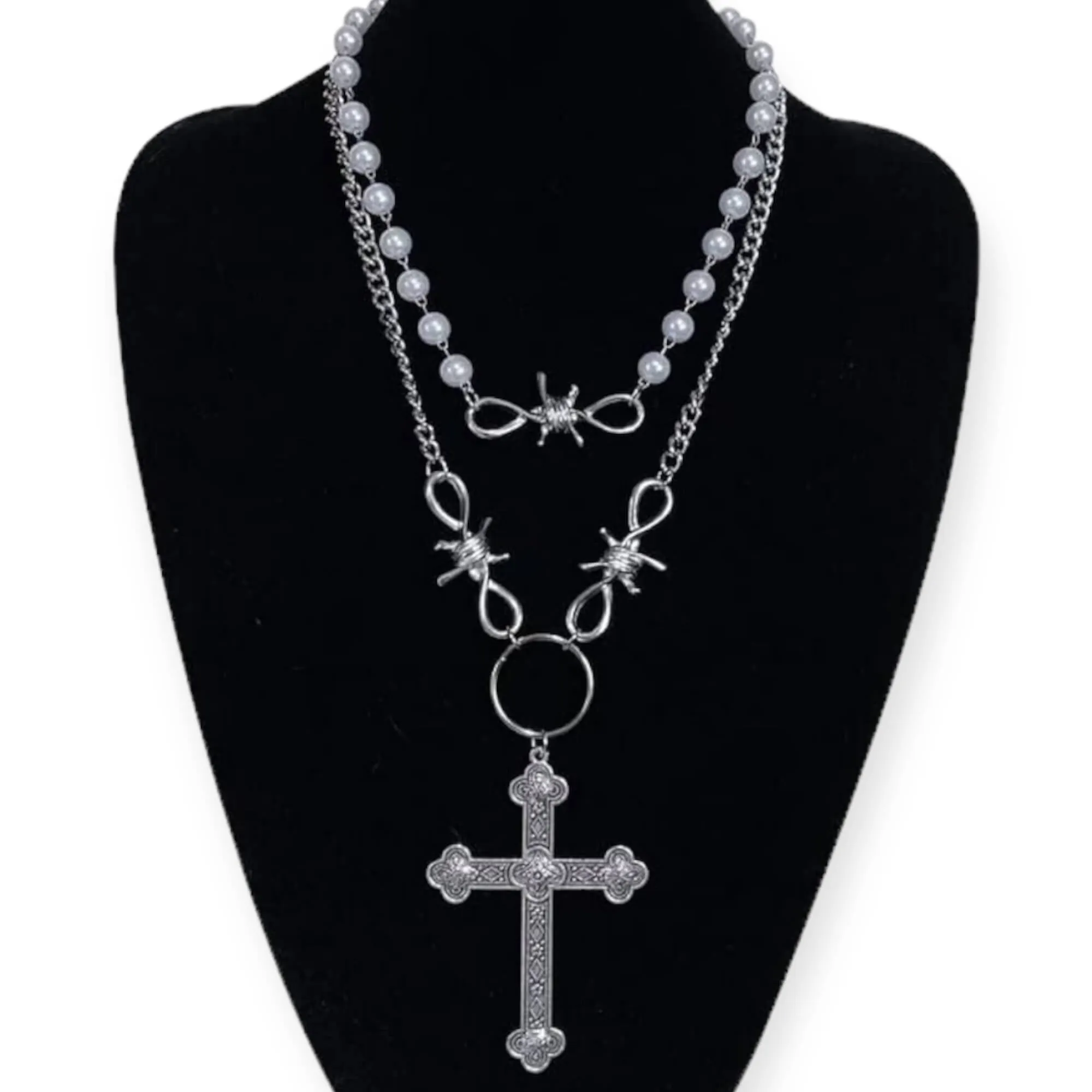 Barbed Wire & Pearls Cross My Heart Necklace Set