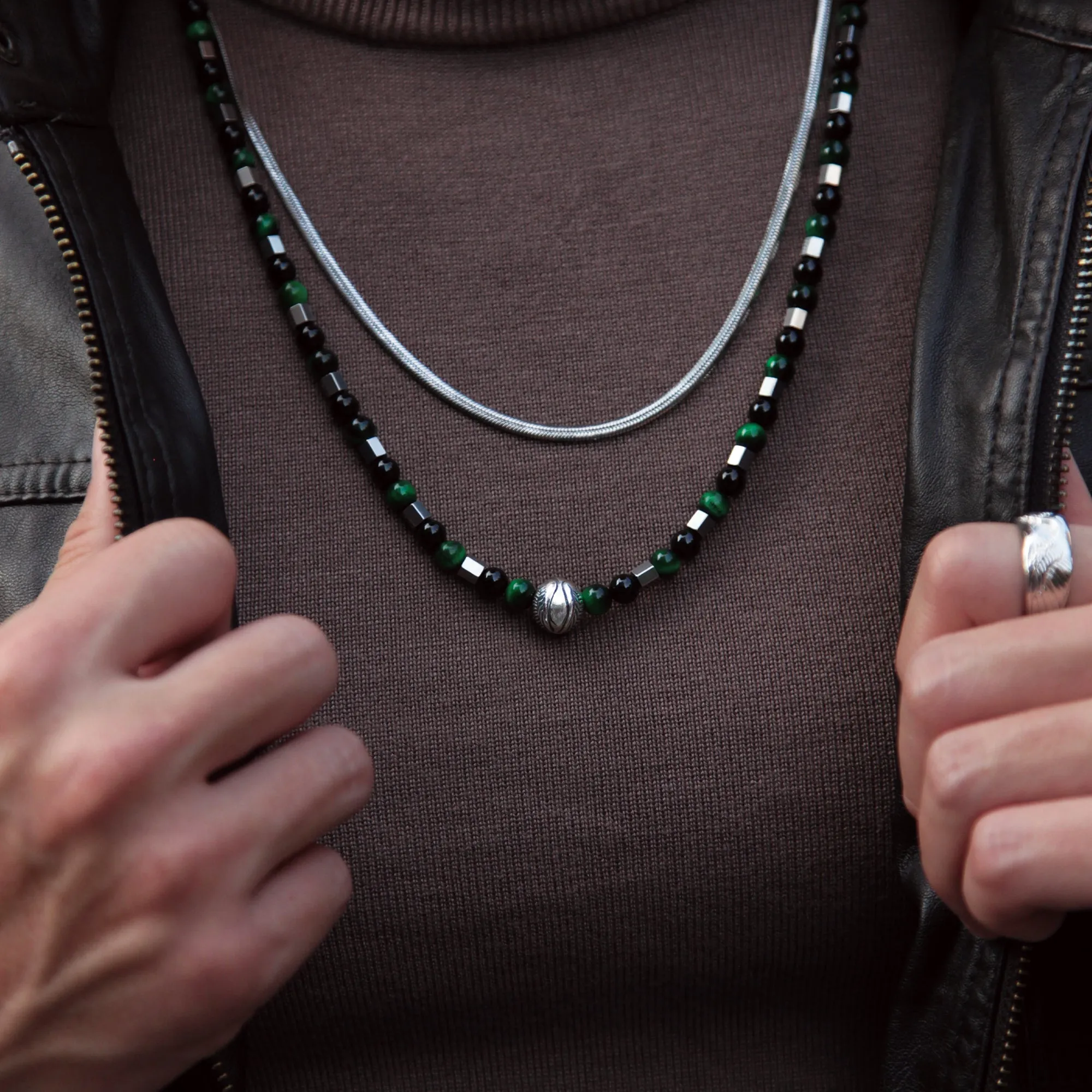 Beaded Angel Wing Necklace with Green Tiger Eye, Obsidian