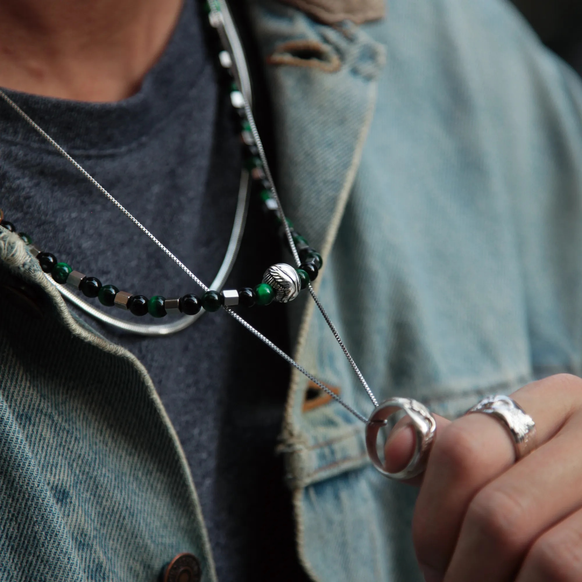 Beaded Angel Wing Necklace with Green Tiger Eye, Obsidian