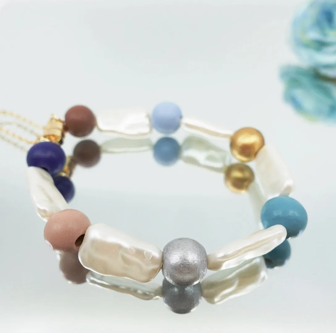 Beaded Wood and Baroque Pearl Bracelet
