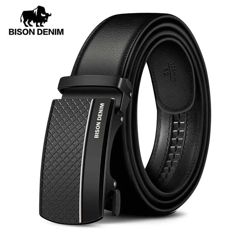 BISON DENIM New Design Carbon Fiber Men Belt Genuine Leather Cowskin Brand Luxury Black Men Strap Automatic Belt Best Men Gift