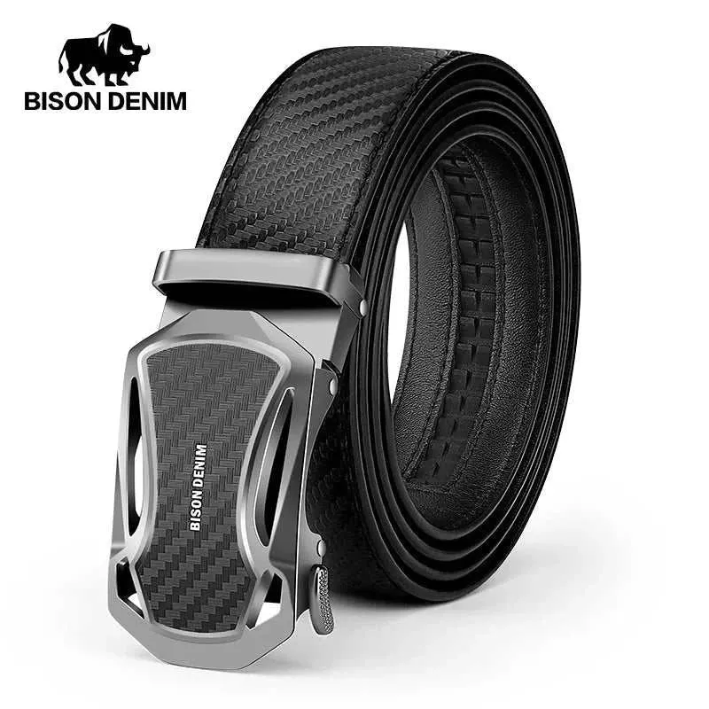 BISON DENIM New Design Carbon Fiber Men Belt Genuine Leather Cowskin Brand Luxury Black Men Strap Automatic Belt Best Men Gift